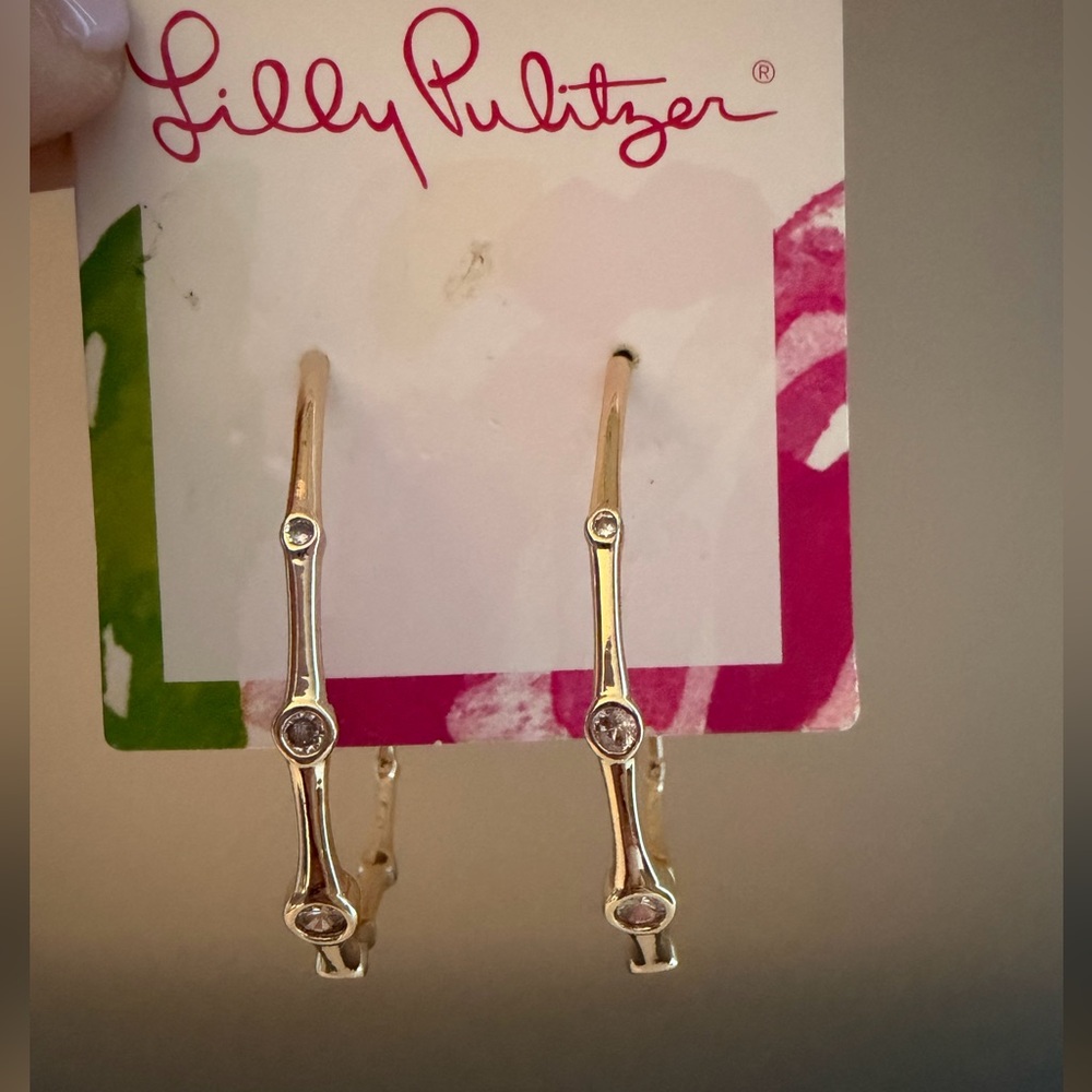 Lilly Pulitzer gold rhinestone hoop earrings beach break bamboo forest